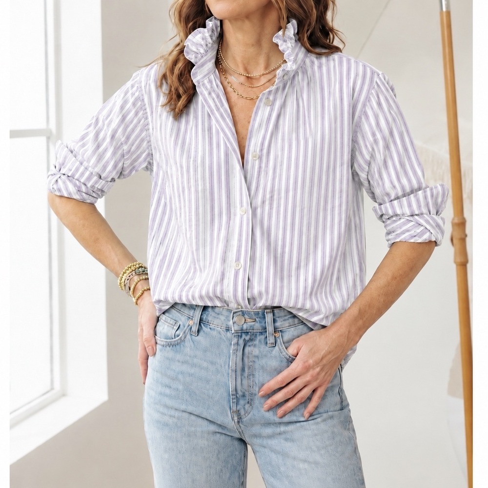 KMJ Quarantina Button Up Shirt XS Ruffle Collar Boyfriend Purple Stripes Preppy